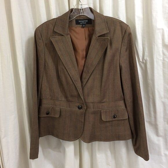 Brown Herringbone Blazer Signature By Larry Levine Size 14 Classic Tailored - Picture 1 of 3